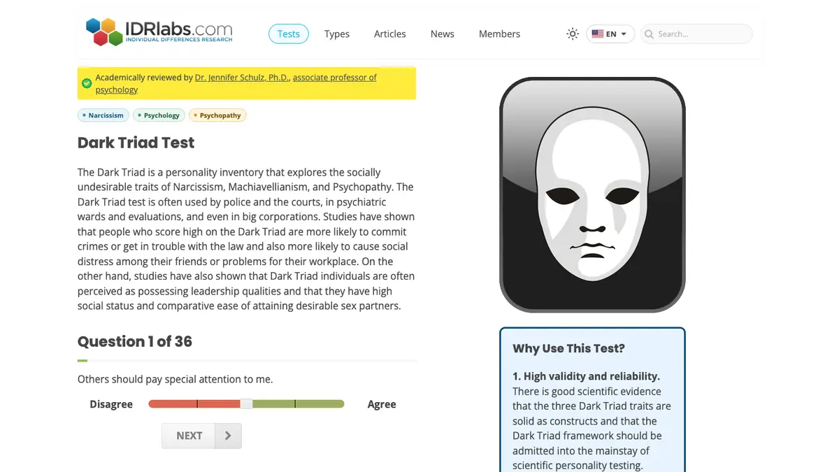 IDRlabs Dark Triad Test page showing a question slider, reviewed-by label, and caution-heavy psychological framing.