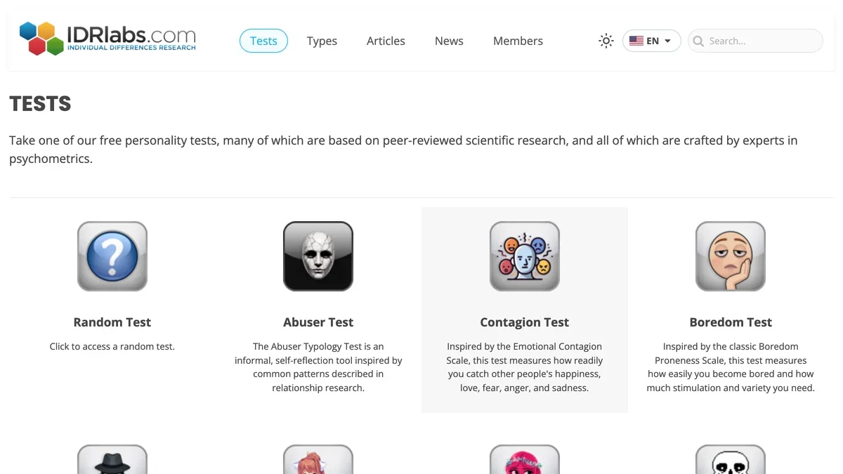 IDRlabs tests catalog showing personality, relationship, and novelty-style test cards on the same page.