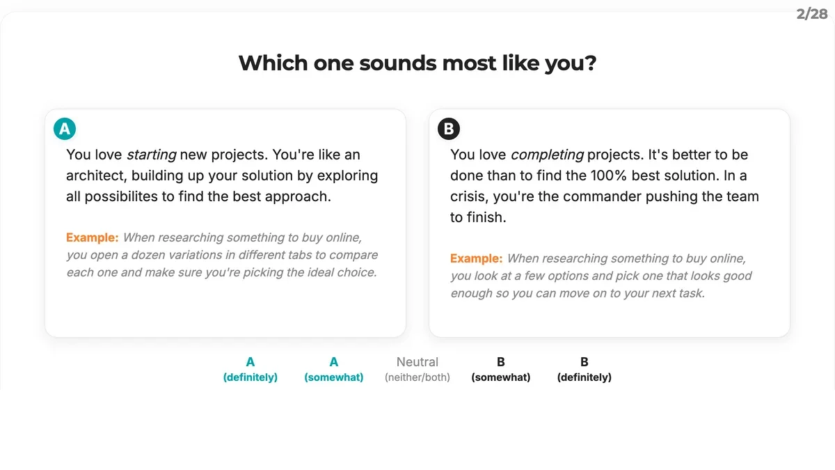 Michael Caloz cognitive functions test screen showing two scenario choices and a neutral-to-definitely slider.