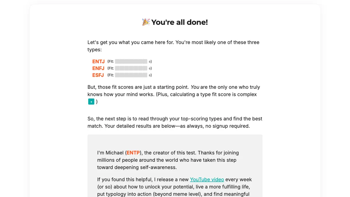 Michael Caloz results page showing likely type matches and fit bars after completing the cognitive functions test.