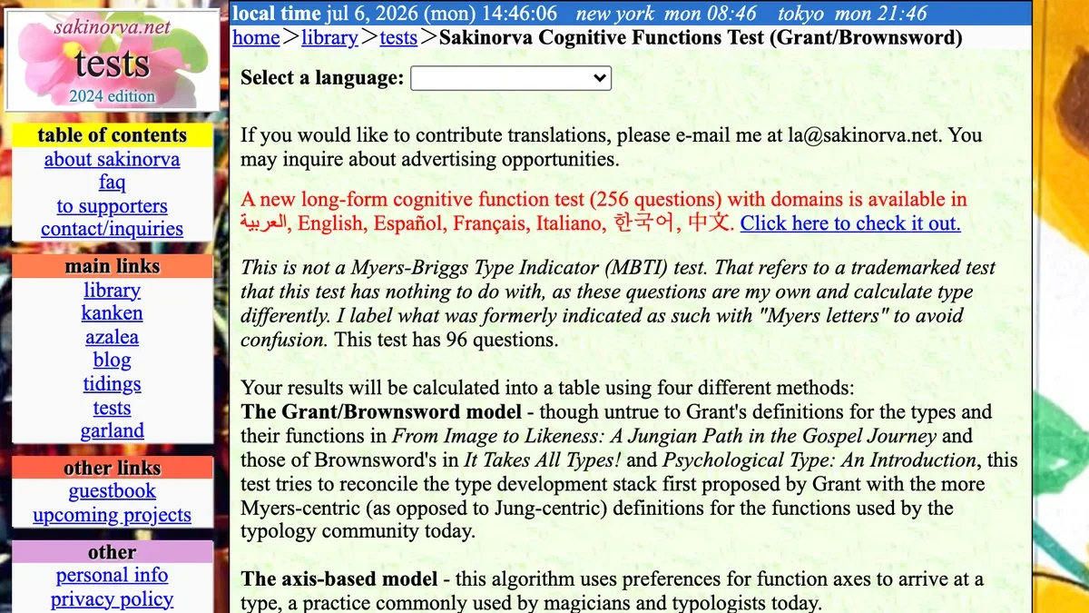 Sakinorva cognitive functions test page explaining its Grant, axis-based, Myers, and Myers letters result methods.
